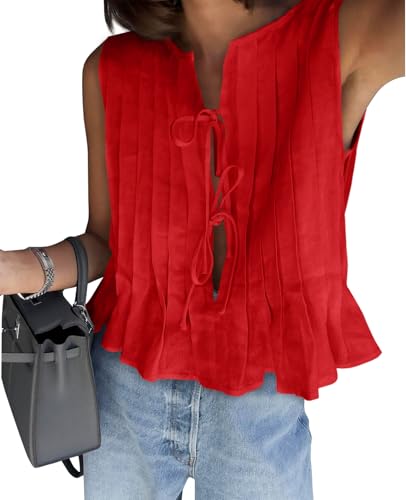 Womens Bow Front Tie Tank Tops Pleated Babydoll Top Sleeveless Cute Coquette Shirt Summer Outfits