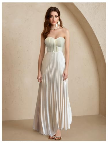 Women's Pleated A Line Tube Dress Elegant Strapless High Waisted Long Flowy Dresses