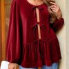 Womens Cute Tie Front Peplum Velvet Tops Puff Long Sleeve Babydoll Shirts Casual Blouses 2025 Fall Outfits