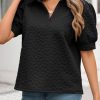 Womens Puff Short Sleeve Polo Shirts Summer V Neck Textured Tops Dressy Casual Loose Fit Blouse