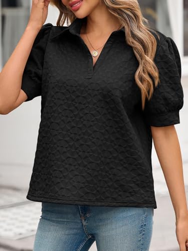 Womens Puff Short Sleeve Polo Shirts Summer V Neck Textured Tops Dressy Casual Loose Fit Blouse