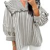 Womens Striped Babydoll Tops Ruffle V Neck Puff Sleeve Blouses Loose Fit Cute Flowy Shirts