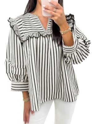 Womens Striped Babydoll Tops Ruffle V Neck Puff Sleeve Blouses Loose Fit Cute Flowy Shirts
