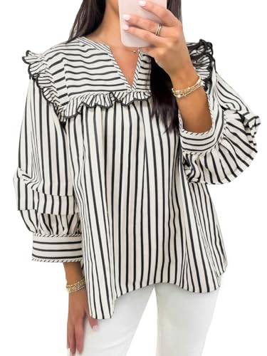 Womens Striped Babydoll Tops Ruffle V Neck Puff Sleeve Blouses Loose Fit Cute Flowy Shirts