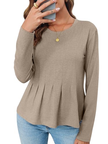 Womens Long Sleeve T-Shirts Pleated Crew Neck Peplum Dressy Casual Fall Tee Tops