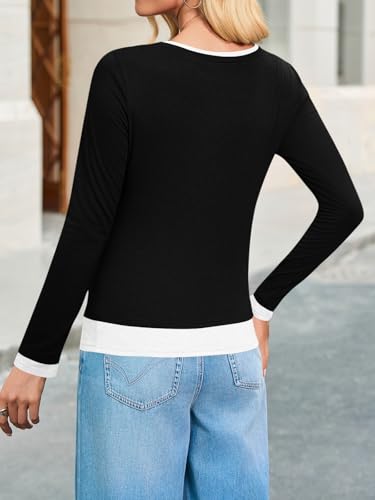 Womens Long Sleeve Tops Patchwork Crewneck Slim Fit Shirts Going Out Casual Fall Basic Tees