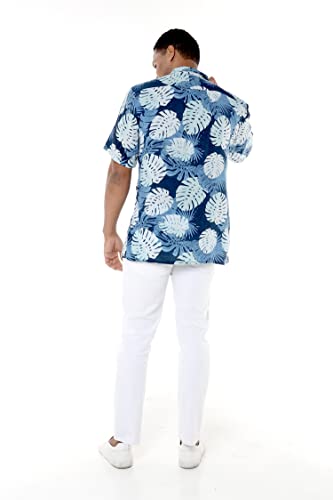 Matchable Couple Hawaiian Luau Shirt or Butterfly Dress in Pacific Palm Navy