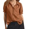 Womens Puff Short Sleeve Button Down Shirts Summer Casual Collared V Neck Blouse Linen Loose Fit Work Tops