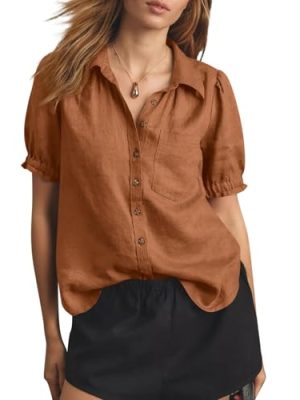 Womens Puff Short Sleeve Button Down Shirts Summer Casual Collared V Neck Blouse Linen Loose Fit Work Tops