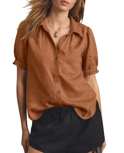 Womens Puff Short Sleeve Button Down Shirts Summer Casual Collared V Neck Blouse Linen Loose Fit Work Tops