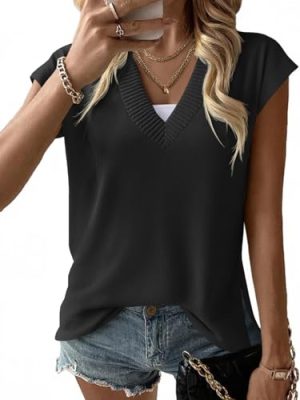Womens V Neck Sleeveless Sweater Vest Oversized Ribbed Knit Side Slit Pullover Tank Tops