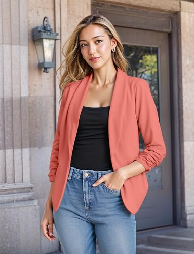 Lightweight Open Front Cardigan Classic Ruched Sleeve Work Office Blazer Suit Jackets