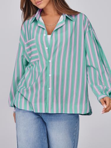 Womens Striped Button Down Shirts 2024 Fall Fashion Puff Long Sleeve Loose Fitting Work Tops