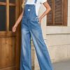 Women's Denim Bib Overalls Casual Adjustable Strap Wide Leg Jean Jumpsuits Loose Fit Long Rompers with Pockets