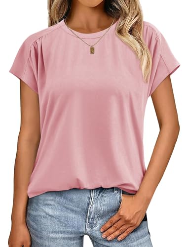 Womens Batwing Short Sleeve T Shirts Summer Pleated Casual Crew Neck Tunic Tops Loose Fit Basic Tees