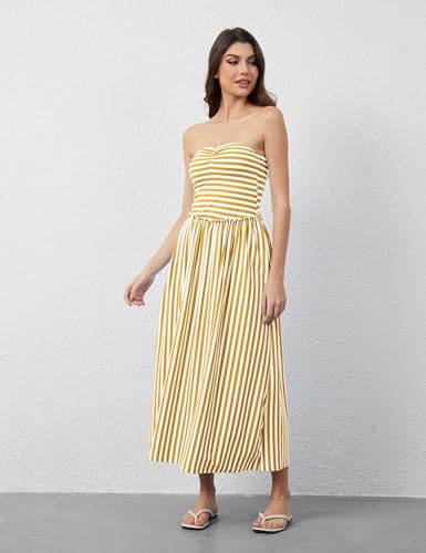 Women Striped Strapless Flowy Maxi Dress Backless Patchwork Tube Top Dress Summer Party Formal Long Dresses