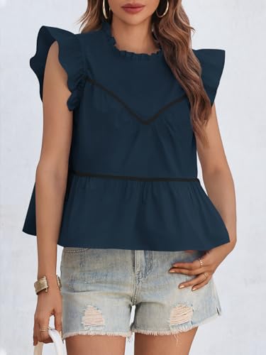Womens Ruffle Babydoll Tank Tops Summer Cotton Peplum Mock Neck Blouses Trendy Casual Pleated Bow Shirts