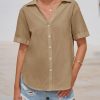 Womens Short Sleeve Button Down Shirts Cotton Linen V Neck Side Slit Blouse Summer Casual Loose Fit Beach Tops