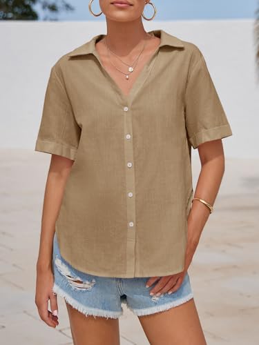 Womens Short Sleeve Button Down Shirts Cotton Linen V Neck Side Slit Blouse Summer Casual Loose Fit Beach Tops