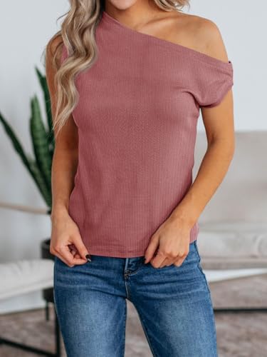 Womens Off One Shoulder Tops Summer Ribbed Knit Tank Tops Trendy Casual Loose Fit Sleeveless Tee Shirts