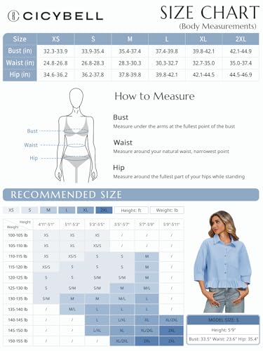 Womens Cropped Button Down Shirts 3/4 Length Sleeve Casual Cotton Blouses Loose Fit Ruffle Hem Tops