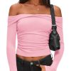 Womens Off The Shoulder Tops Cropped Going Out Slim Fit Long Sleeve Summer Shirts Cute Y2K Ruched Tight Tees Pink