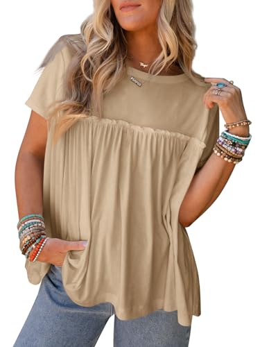 Women Summer Babydoll Tops Pleated Short Sleeve Crew Neck Peplum Blouse Casual Loose Fit T Shirts