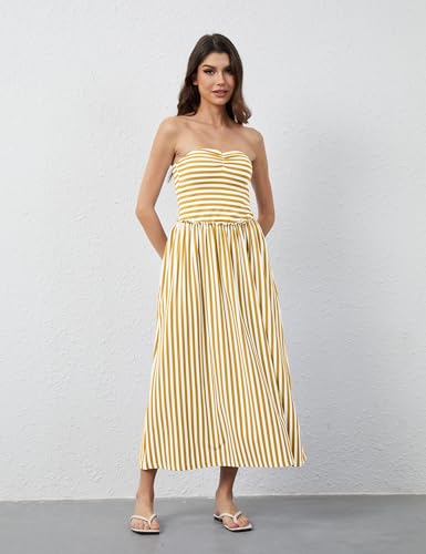 Women Striped Strapless Flowy Maxi Dress Backless Patchwork Tube Top Dress Summer Party Formal Long Dresses