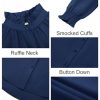 Womens Button Down Shirts Smocked 3/4 Sleeve Blouse Dressy Casual Ruffle Neck Shirred Tops Navy
