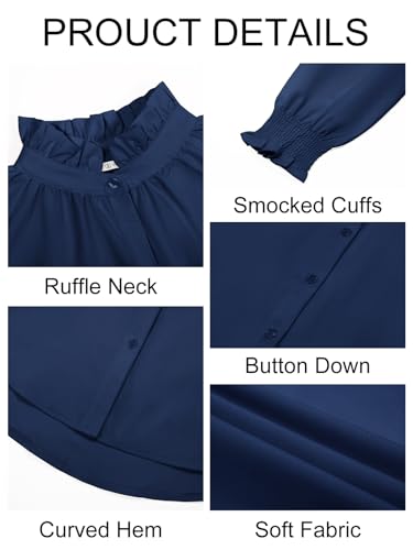 Womens Button Down Shirts Smocked 3/4 Sleeve Blouse Dressy Casual Ruffle Neck Shirred Tops Navy