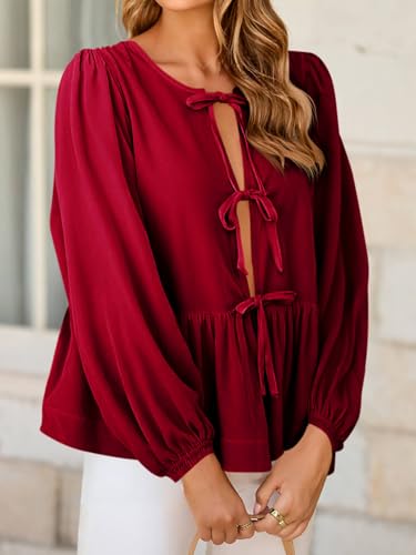 Womens Cute Tie Front Peplum Velvet Tops Puff Long Sleeve Babydoll Shirts Casual Blouses 2025 Fall Outfits