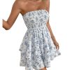 Women's Floral Print Ruffle Hem Tiered Layer Backless Shirred Tube A Line Dress