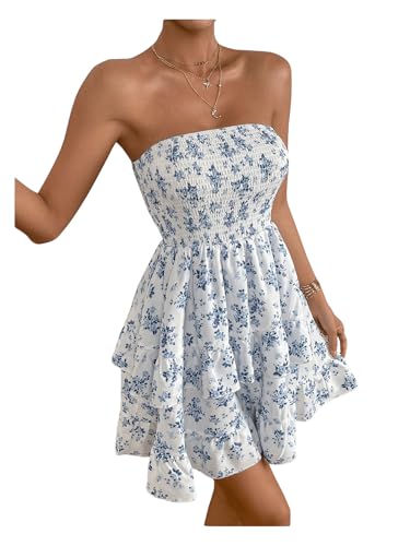 Women's Floral Print Ruffle Hem Tiered Layer Backless Shirred Tube A Line Dress