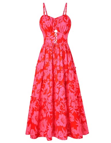Women's Summer Floral Dress 2025 Spaghetti Strap Smocked Tiered Casual Boho Maxi Long Sundress with Pockets