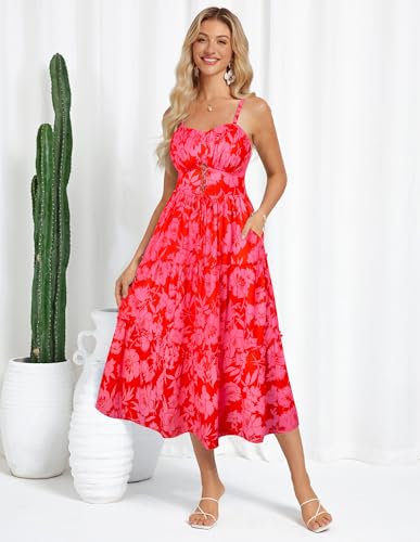 Women's Summer Floral Dress 2025 Spaghetti Strap Smocked Tiered Casual Boho Maxi Long Sundress with Pockets