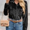 Womens Velvet Button Down Shirt Casual Long Sleeve V Neck Collared Tops Fall Shacket Jacket with Pockets