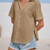Womens Short Sleeve Button Down Shirts Cotton Linen V Neck Side Slit Blouse Summer Casual Loose Fit Beach Tops