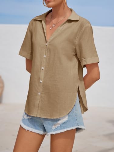 Womens Short Sleeve Button Down Shirts Cotton Linen V Neck Side Slit Blouse Summer Casual Loose Fit Beach Tops