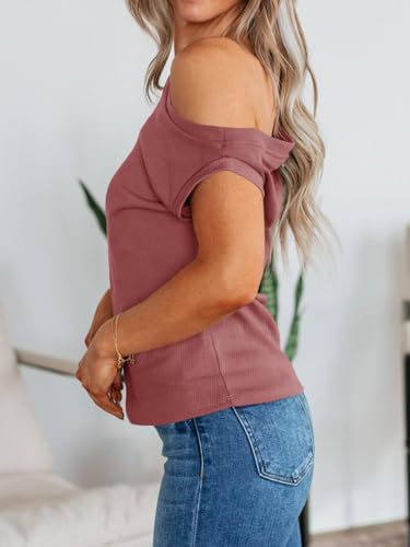 Womens Off One Shoulder Tops Summer Ribbed Knit Tank Tops Trendy Casual Loose Fit Sleeveless Tee Shirts