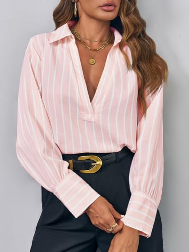 Womens Deep V Neck Blouse Casual Striped Long Sleeve Loose Fit Work Shirt Tops