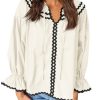 Womens Ruffle Puff Sleeve Blouse V Neck Trim Shirts Trendy Casual Loose Fit Tops