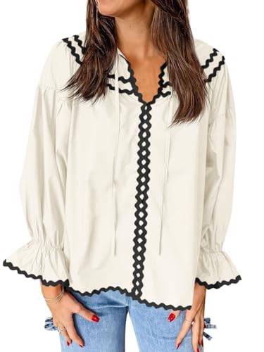 Womens Ruffle Puff Sleeve Blouse V Neck Trim Shirts Trendy Casual Loose Fit Tops
