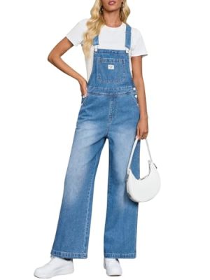 Women's Denim Bib Overalls Casual Adjustable Strap Wide Leg Jean Jumpsuits Loose Fit Long Rompers with Pockets