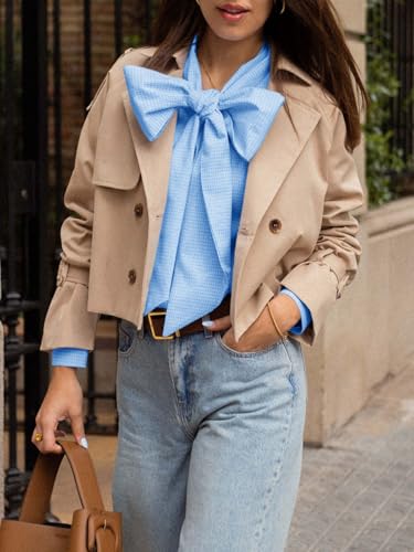 Womens Plaid Shirts Bow Tied Neck Button Down Long Sleeve Casual Dressy Blouse Tops