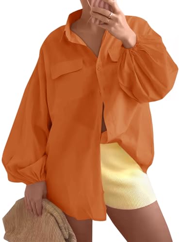 41Ael6qZn6L.jpg Womens Oversized Button Down Shirts Puff Long Sleeve Collared V Neck Cotton Blouses Linen Loose Fit Tops