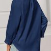 Womens Button Down Shirts Smocked 3/4 Sleeve Blouse Dressy Casual Ruffle Neck Shirred Tops Navy