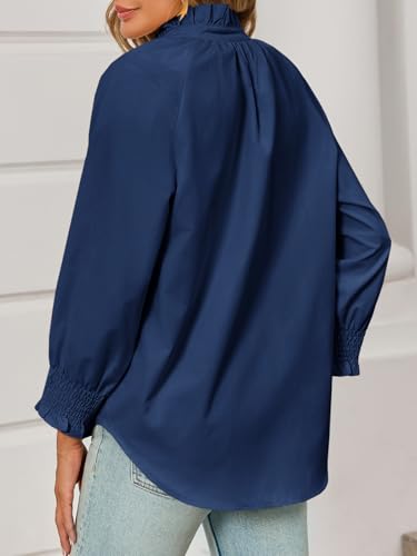 Womens Button Down Shirts Smocked 3/4 Sleeve Blouse Dressy Casual Ruffle Neck Shirred Tops Navy