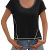Womens Cropped Scoop Neck Tshirts Summer Cap Short Sleeve Exposed Seam Tops Casual Loose Fit Cotton Tee Shirts