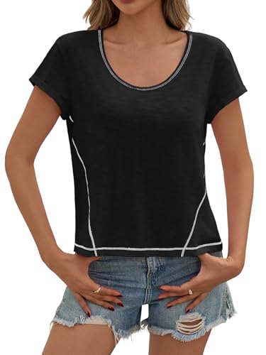 Womens Cropped Scoop Neck Tshirts Summer Cap Short Sleeve Exposed Seam Tops Casual Loose Fit Cotton Tee Shirts