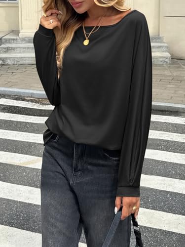 Womens Oversized Off The Shoulder Tops Fall Casual Lantern Long Sleeve T Shirts Trendy Loose Fit Tunics